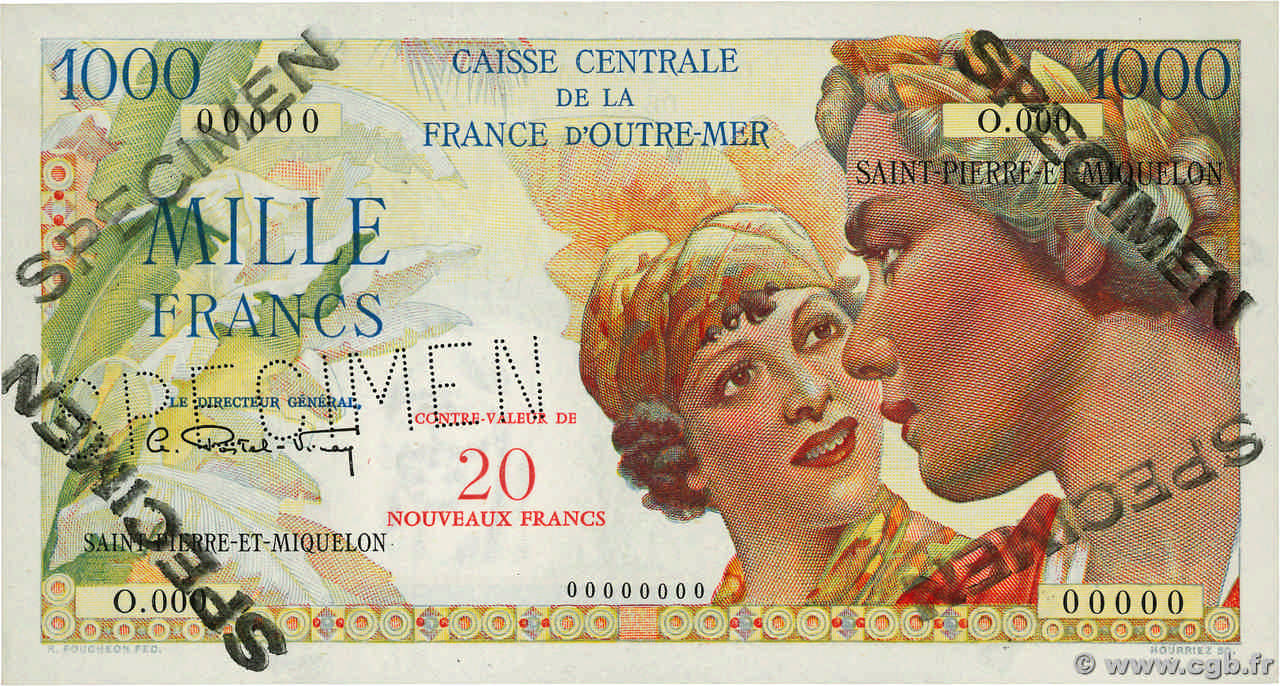 20 NF sur 1000 Francs Union Française Spécimen SAN PEDRO Y MIGUELóN  1960 P.34s SC