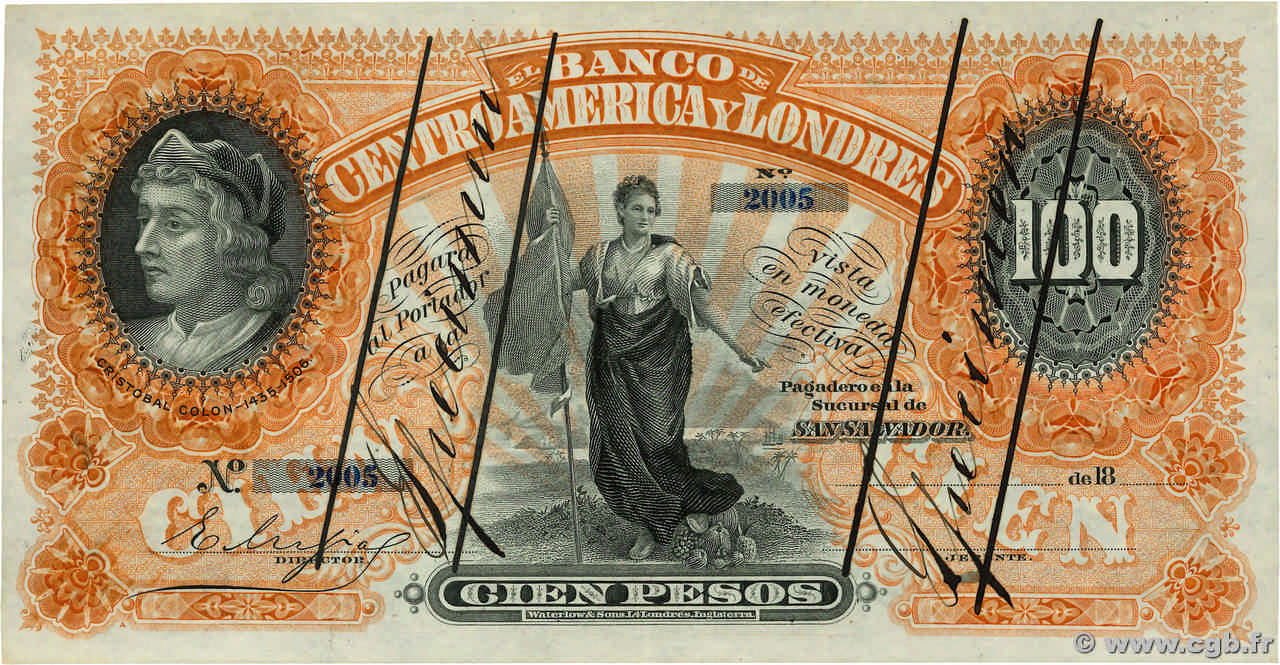100 Pesos Spécimen EL SALVADOR  1895 PS.135s XF
