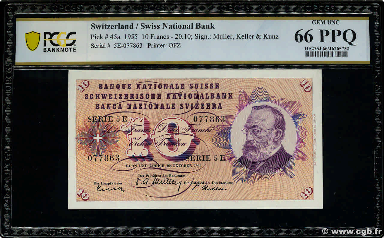 10 Francs SWITZERLAND  1955 P.45a UNC