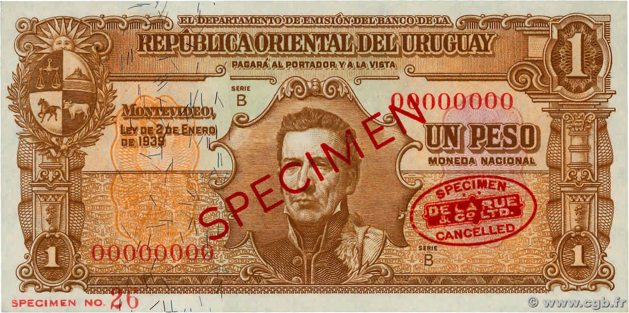 1 Peso Spécimen URUGUAY  1939 P.035aBs AU