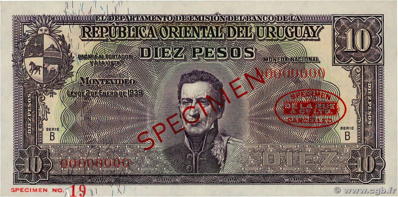 10 Pesos Spécimen URUGUAY  1939 P.037as fST+