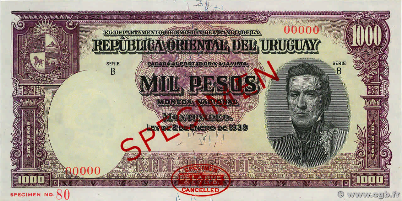 1000 Pesos Spécimen URUGUAY  1939 P.041aBs UNC