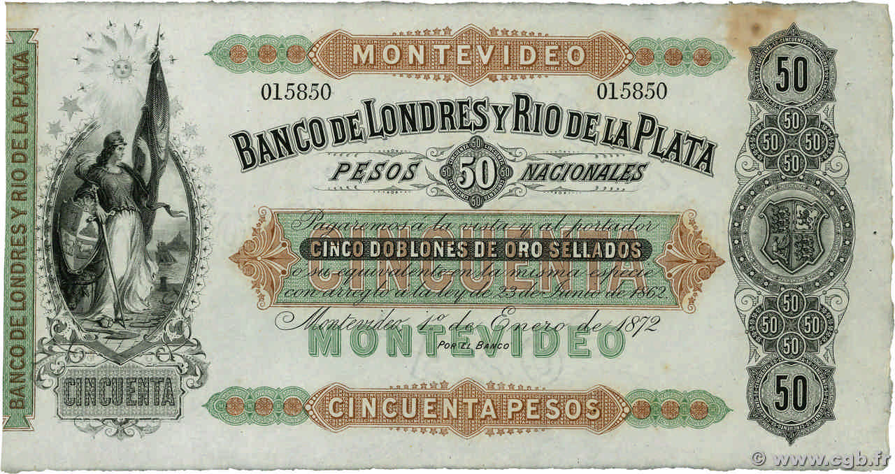 50 Pesos Non émis URUGUAY Montevideo 1872 PS.238r SPL