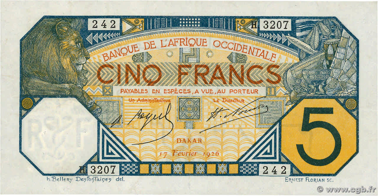 5 Francs DAKAR AFRIQUE OCCIDENTALE FRANÇAISE (1895-1958) Dakar 1926 P.05Bc SUP+