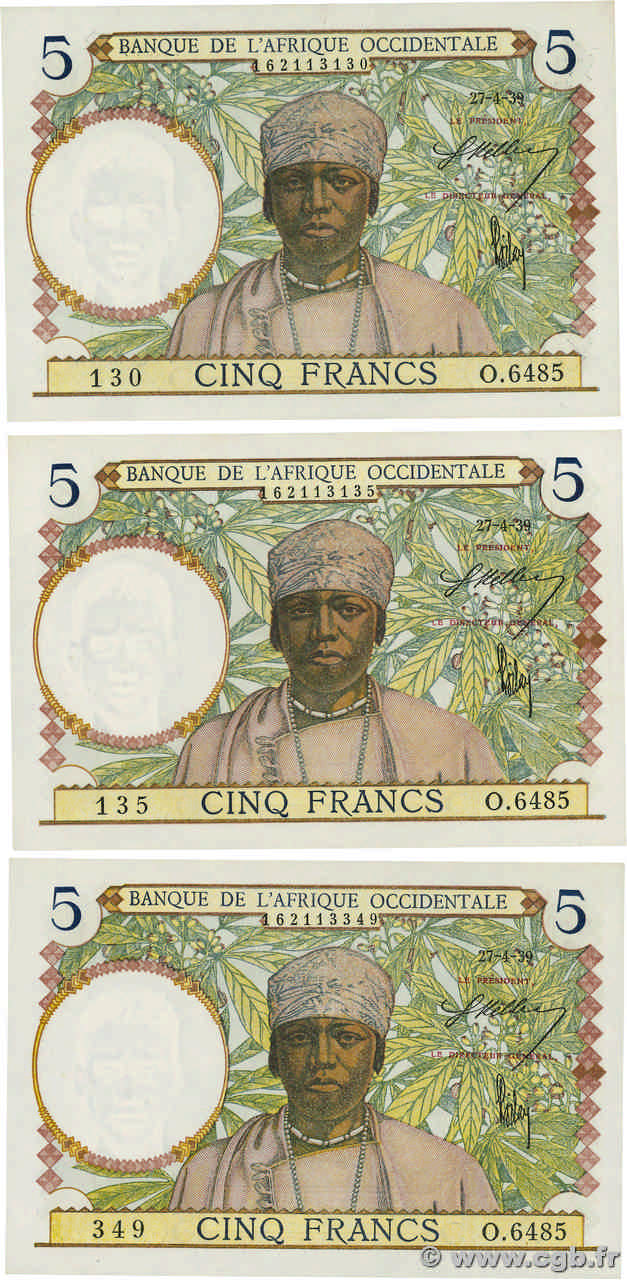 5 Francs Lot FRENCH WEST AFRICA (1895-1958)  1939 P.21 UNC