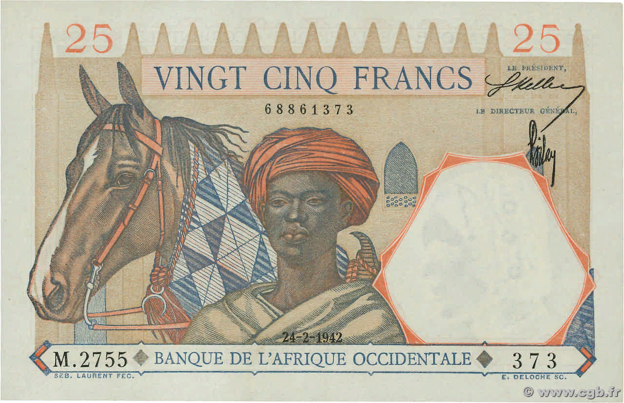 25 Francs FRENCH WEST AFRICA  1942 P.27 SC+