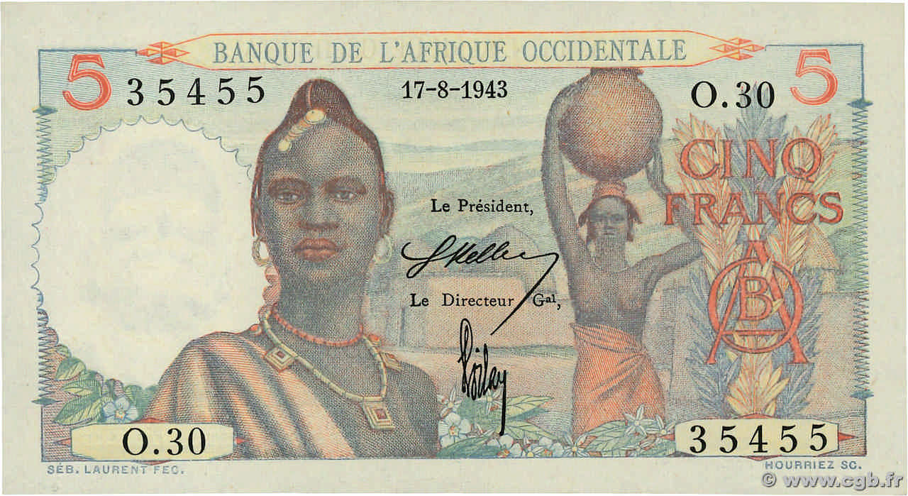 5 Francs FRENCH WEST AFRICA (1895-1958)  1943 P.36 UNC-