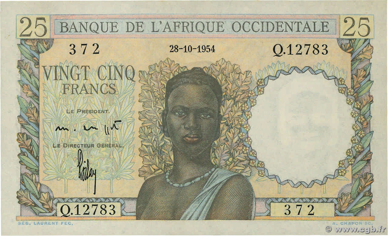 25 Francs FRENCH WEST AFRICA  1954 P.38 q.FDC