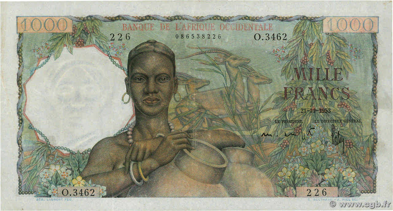 1000 Francs FRENCH WEST AFRICA  1953 P.42 VZ