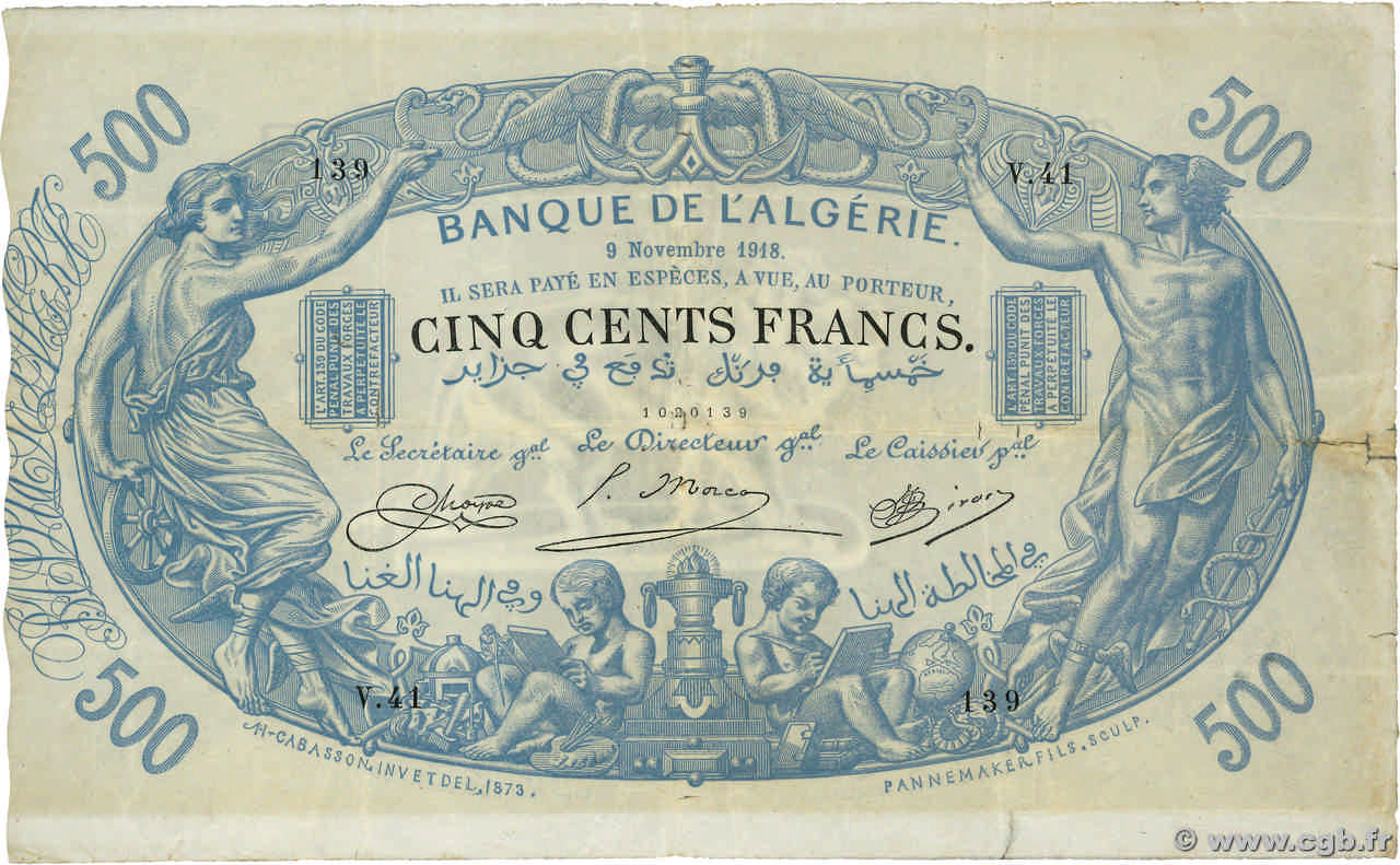 500 Francs ALGERIA  1918 P.075b MB