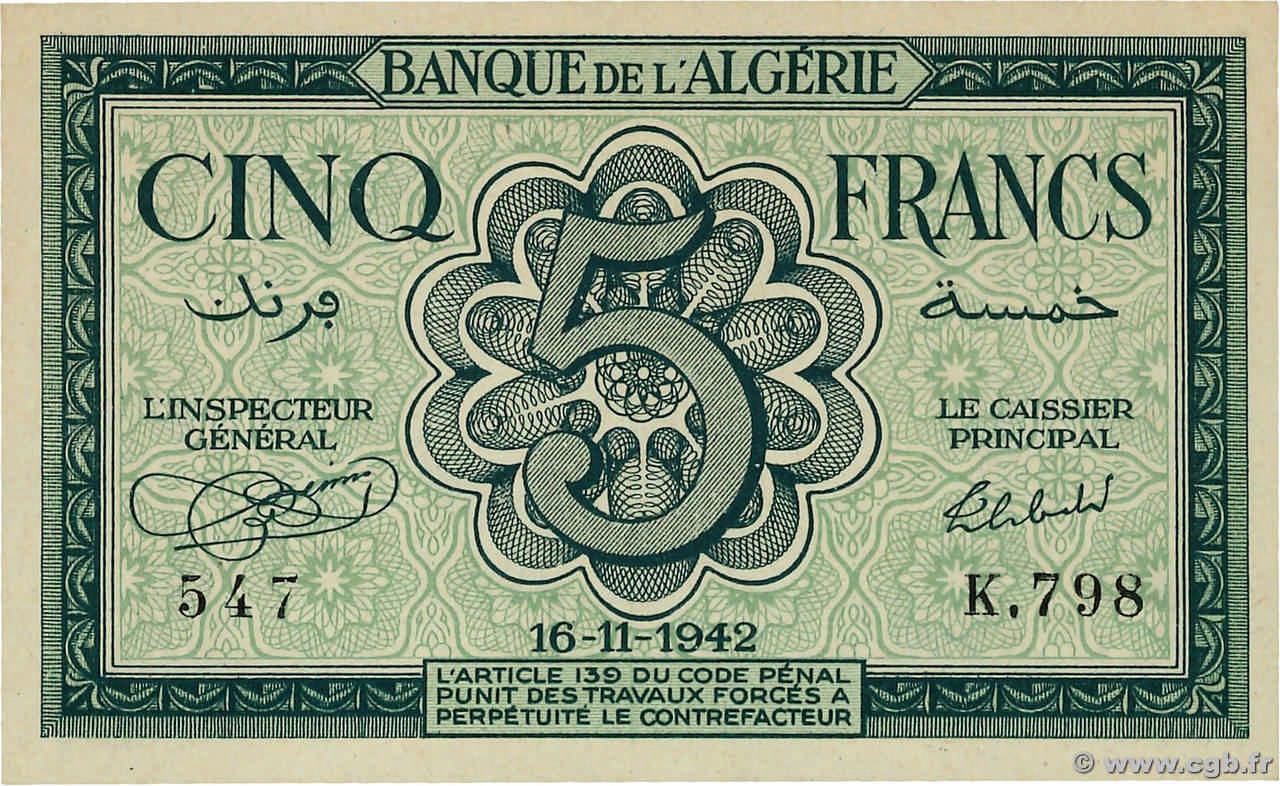5 Francs ARGELIA  1942 P.091 FDC