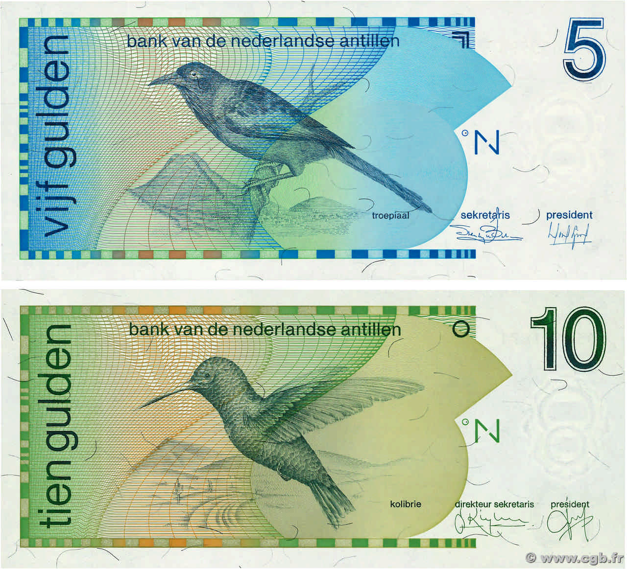 5 et 10 Gulden Lot NETHERLANDS ANTILLES  1994 P.22a et P.23c
 UNC