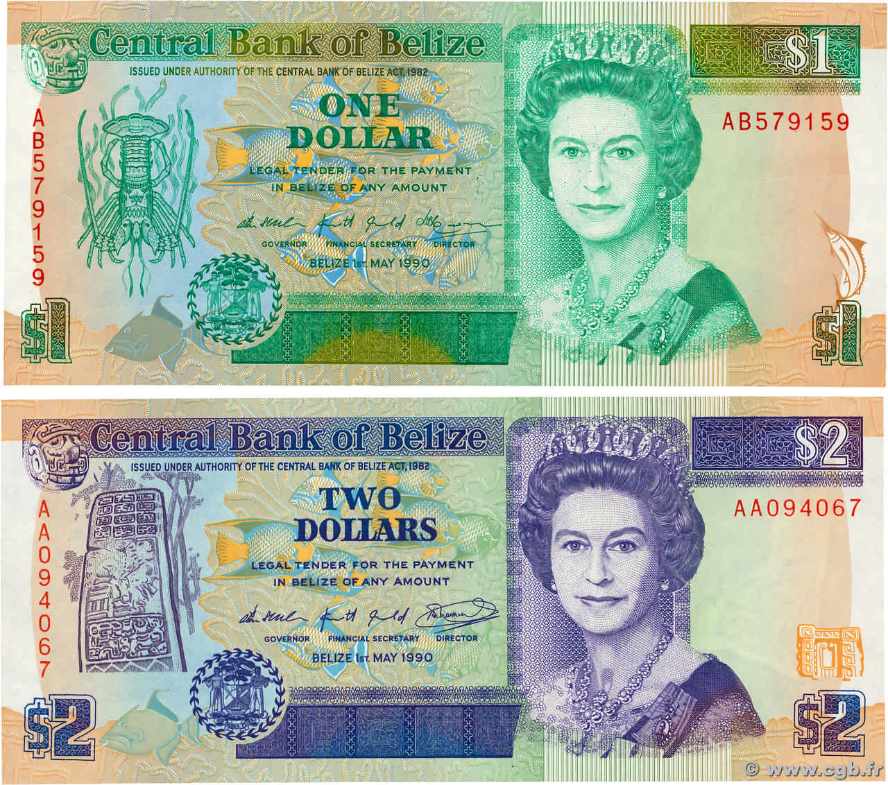 1 et 2 Dollars Lot BELIZE  1990 P.51 et P.52a UNC