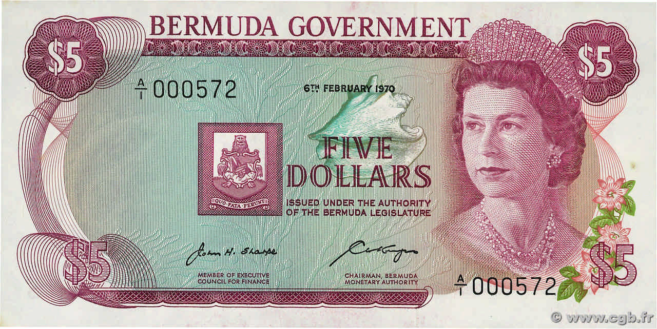 5 Dollars Petit numéro BERMUDA  1970 P.24a UNC-