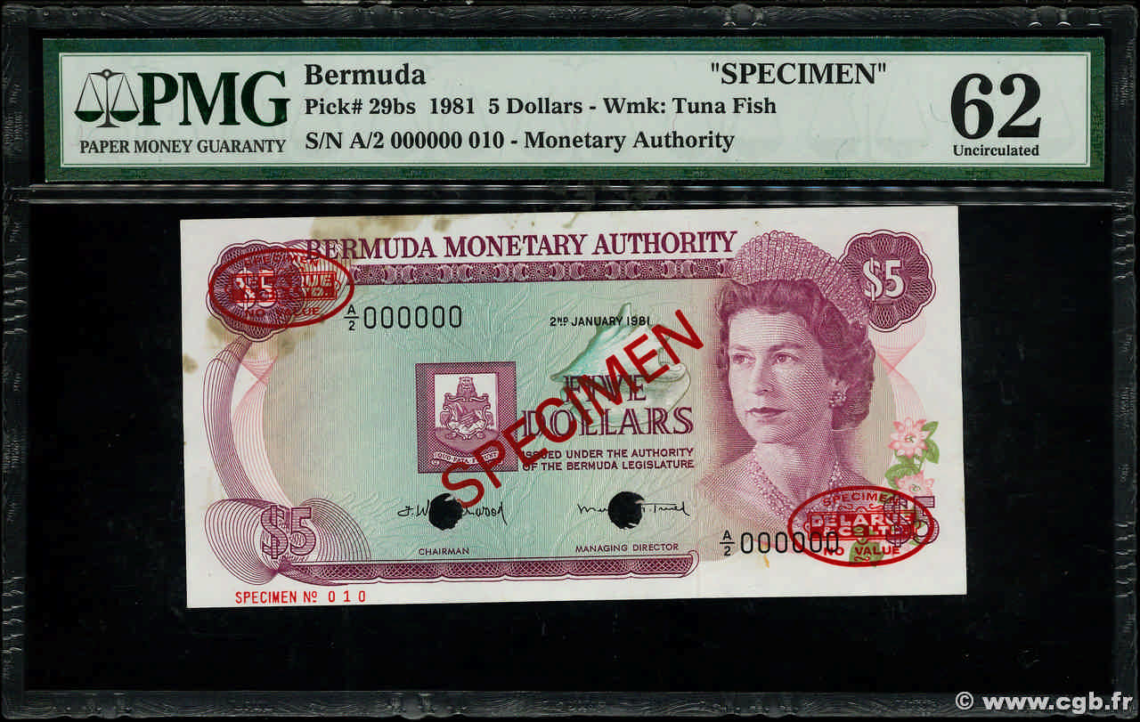 5 Dollars Spécimen BERMUDAS  1981 P.29bs fST+