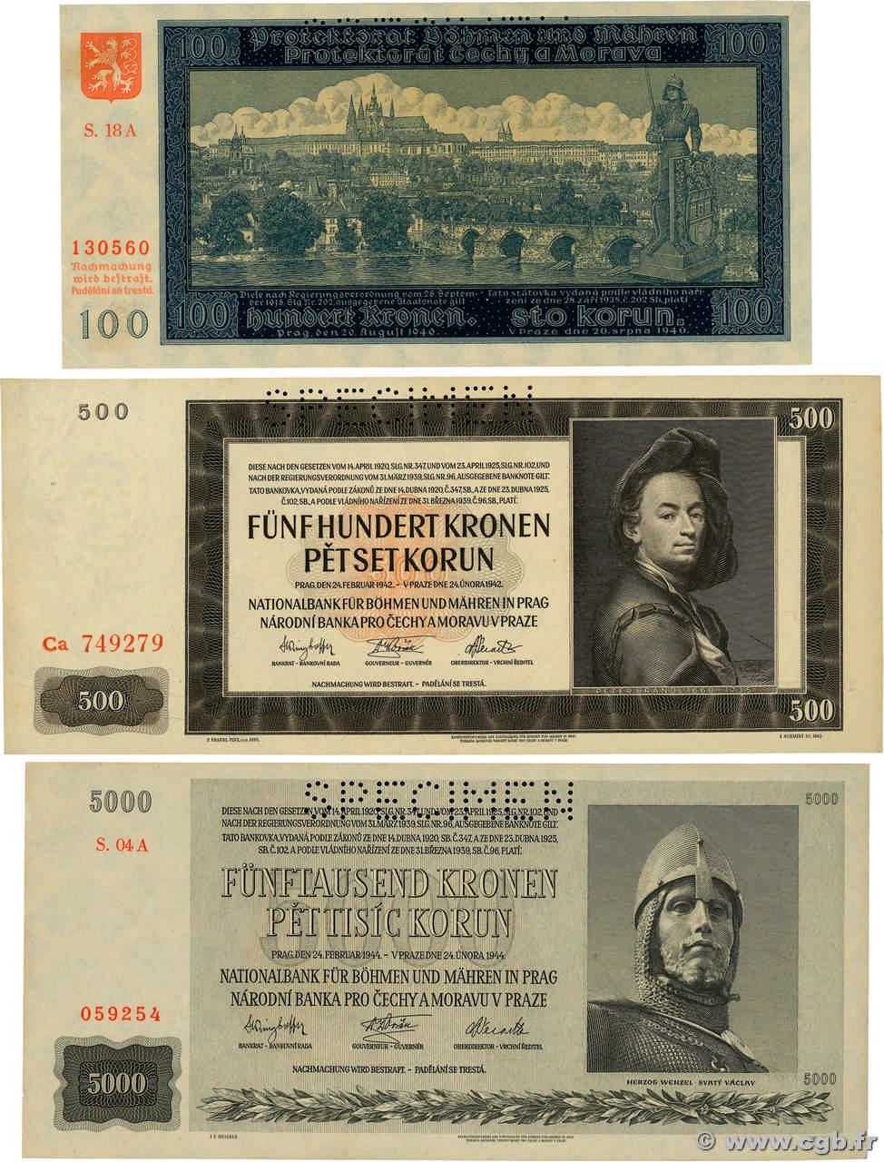 100, 500 et 5000 Korun Spécimen BOEMIA E MORAVIA  1940 P.07s, P.12s et P.17s AU