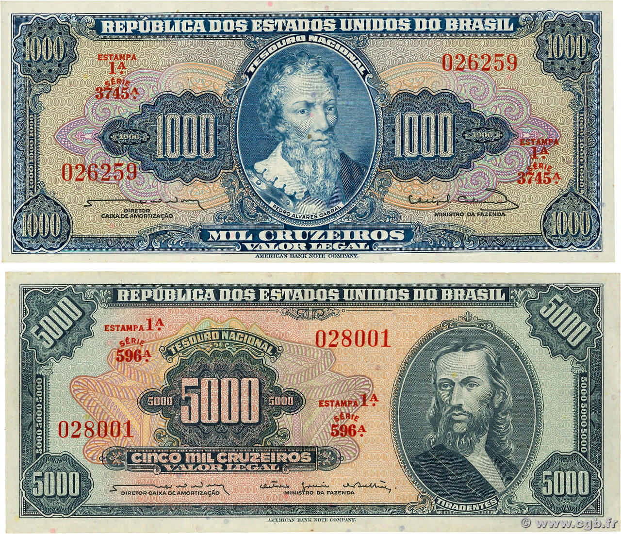 1000 et 5000 Cruzeiros Lot BRAZIL  1964 P.173c et P.174b
 XF+