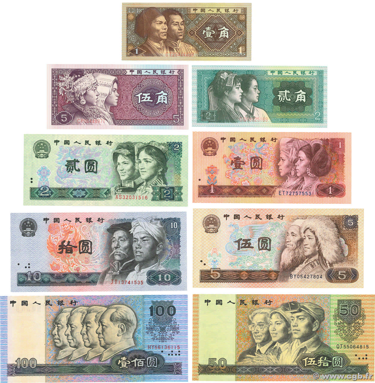 1, 2, 5 Jiao et 1, 2, 5, 10, 50, 100 Yuan  Lot CHINA  1990  fST+