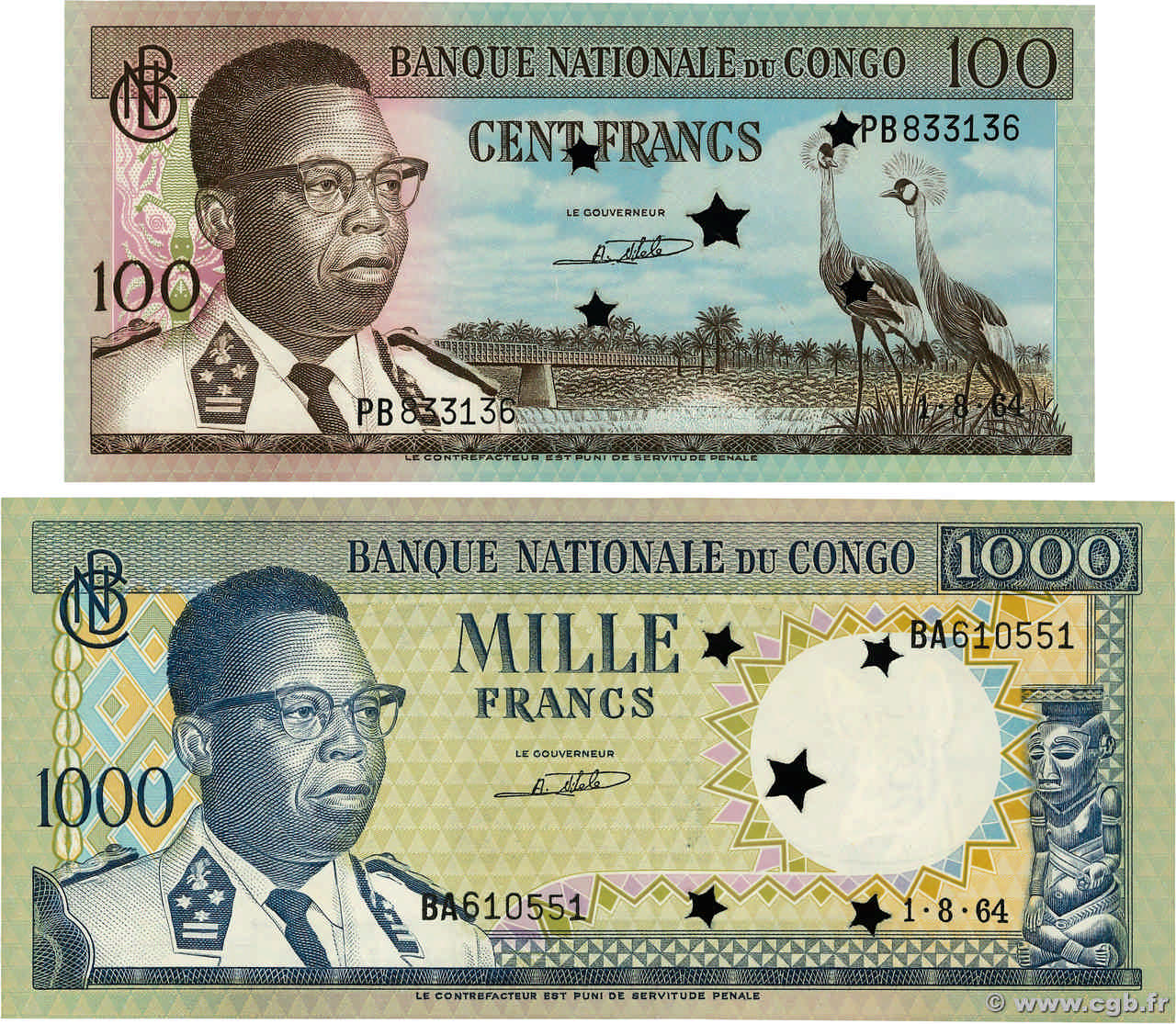 100 et 1000 Francs Annulé CONGO, DEMOCRATIQUE REPUBLIC  1964 P.006s et P.008s UNC-
