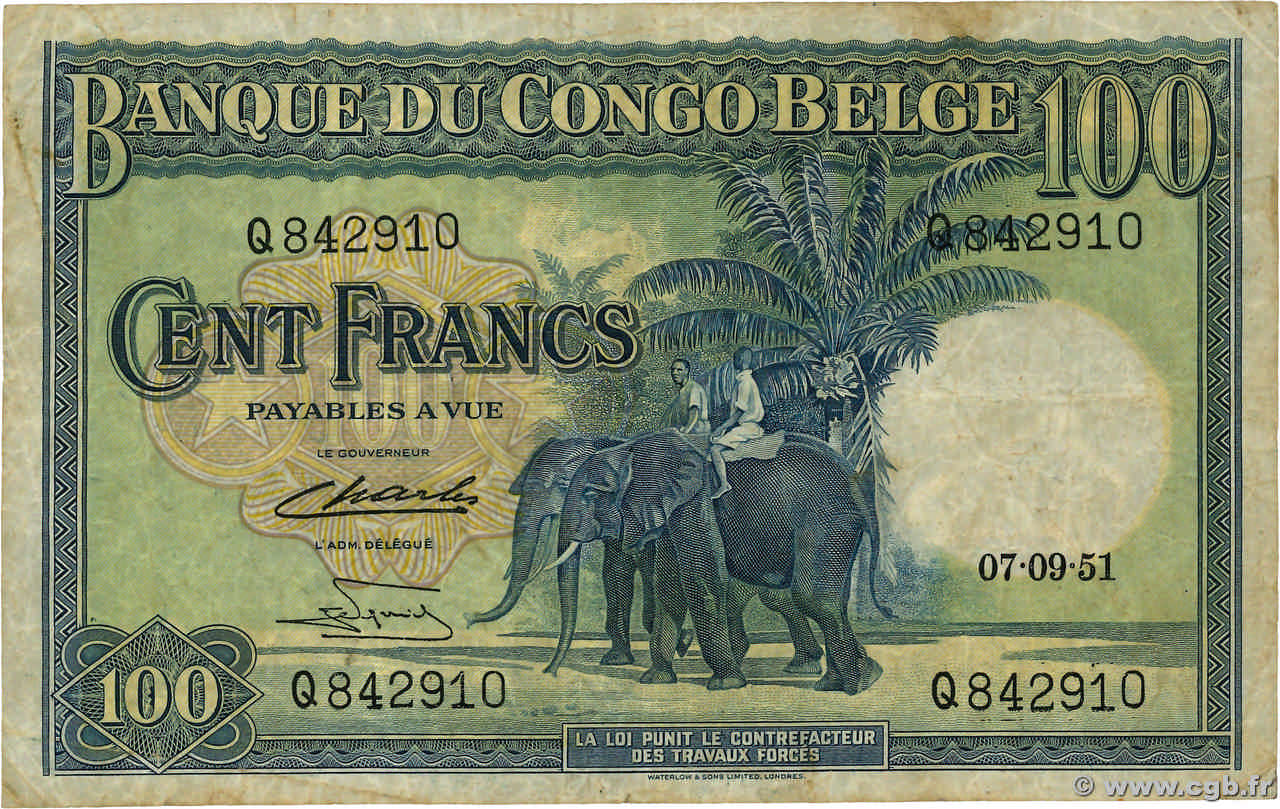 100 Francs BELGA CONGO  1951 P.17c BC