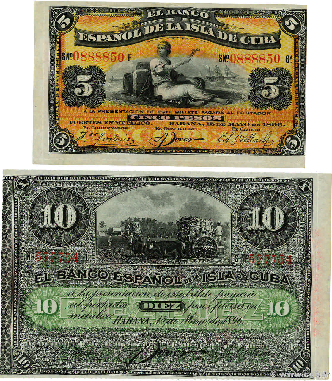 5 et 10 Pesos Lot CUBA  1896 P.048b et P.049d AU