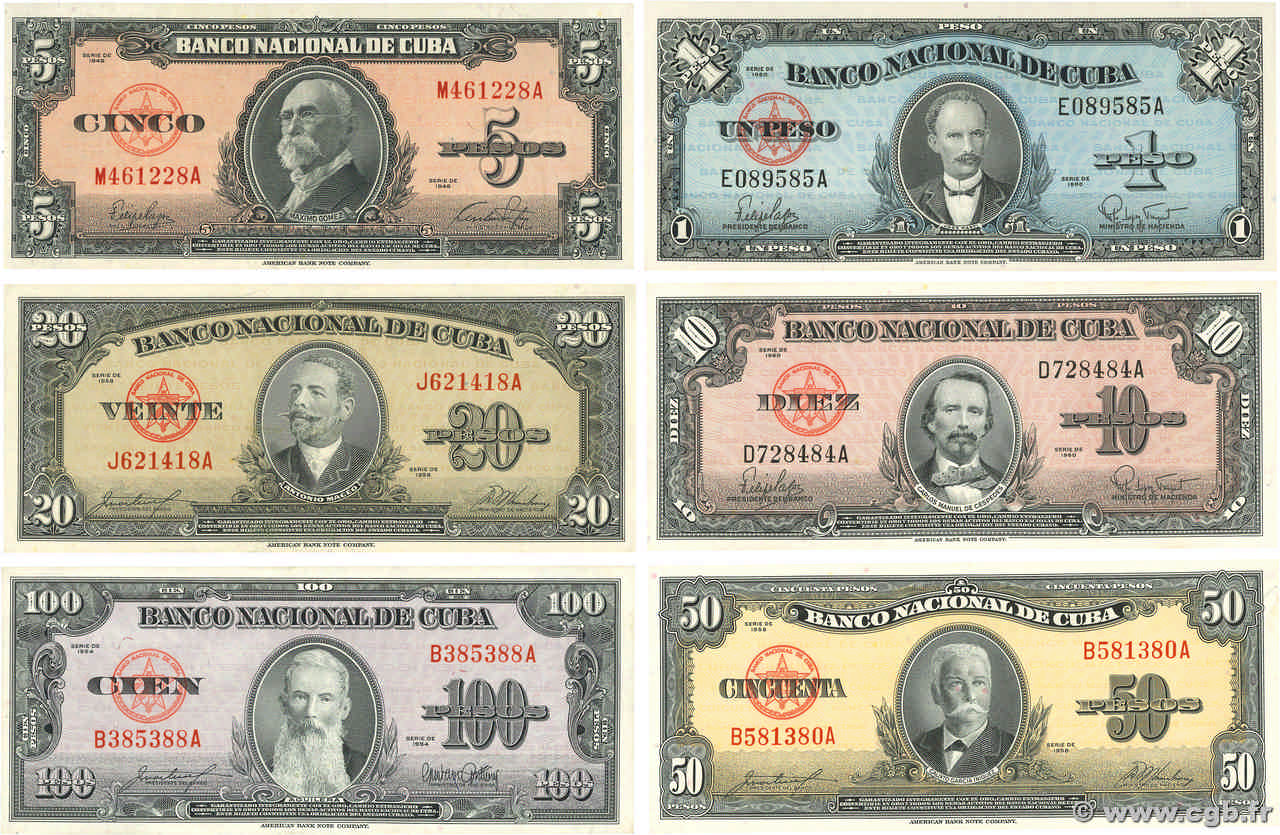 1, 5, 10, 20, 50 et 100  Pesos Lot CUBA  1960 P.077b, P.078a,  P.079b, P.080b, P.081b et P.082b AU-