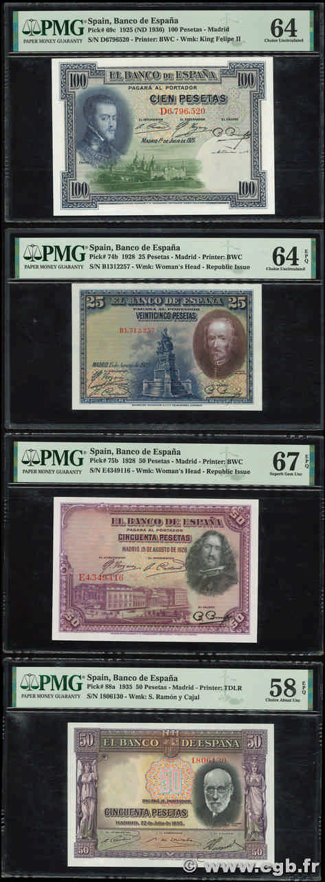 25, 50 et 100 Pesetas Lot SPANIEN  1935 P.069c, P.074b, P.075b et P.088a fST+