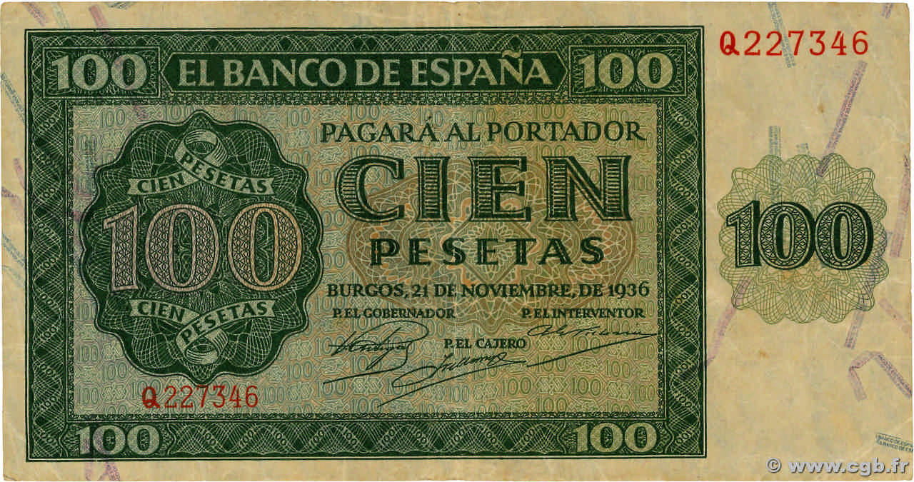 100 Pesetas SPAIN  1936 P.101 VF-