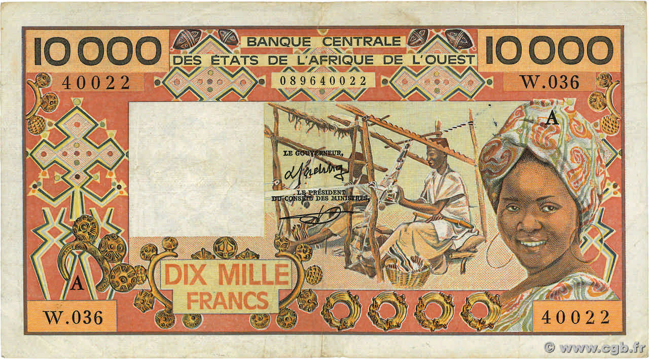 10000 Francs STATI AMERICANI AFRICANI  1988 P.109Ad MB