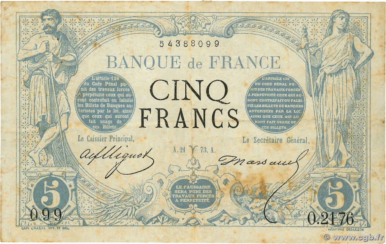 5 Francs NOIR FRANCE  1873 F.01.16 F+