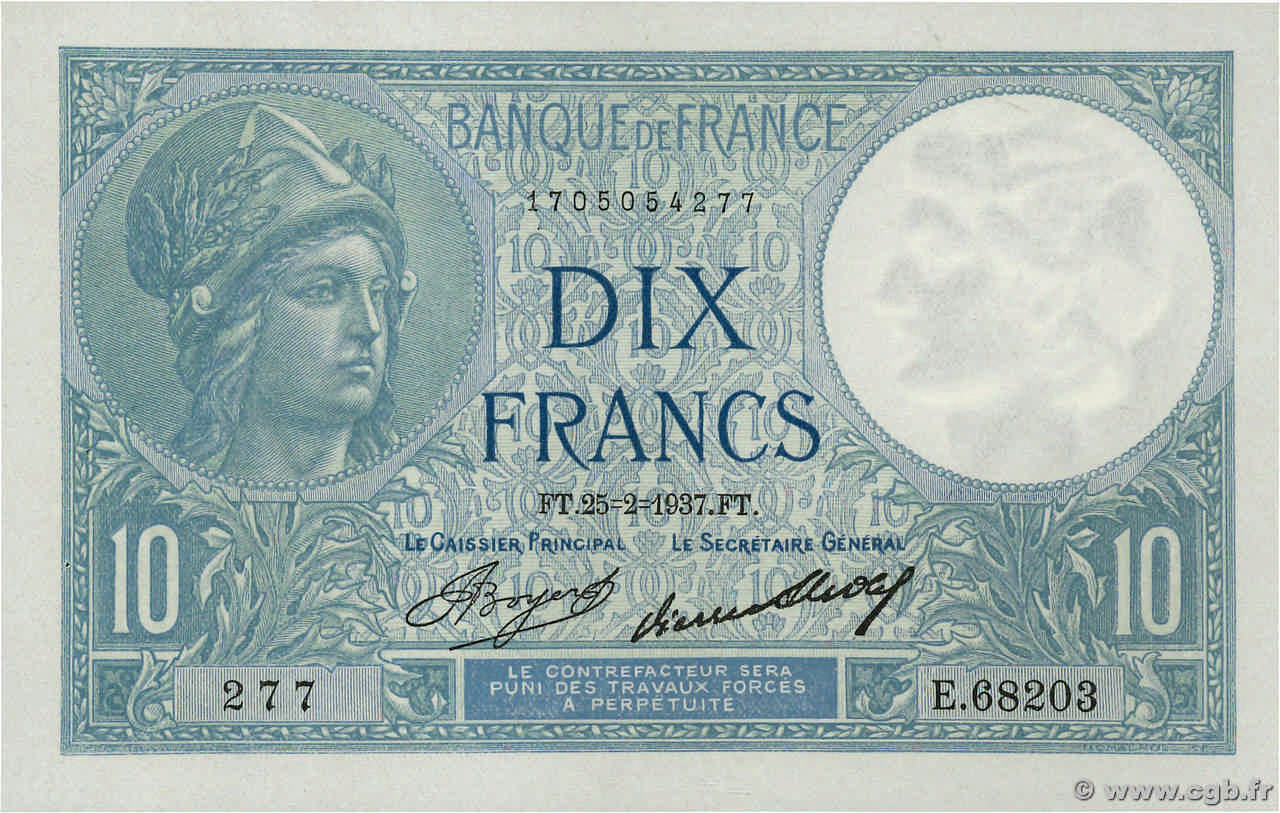 10 Francs MINERVE FRANCE  1937 F.06.18 XF+