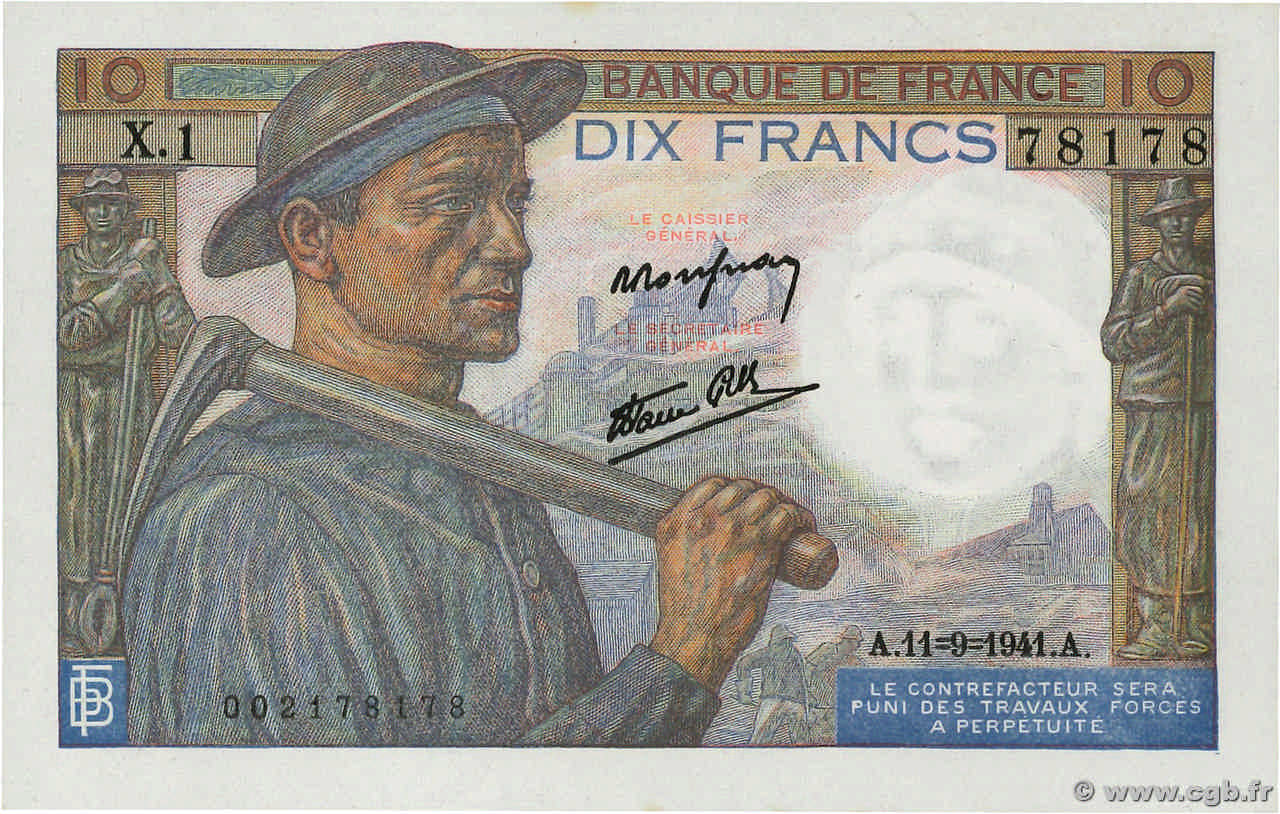 10 Francs MINEUR FRANCIA  1941 F.08.01 q.FDC