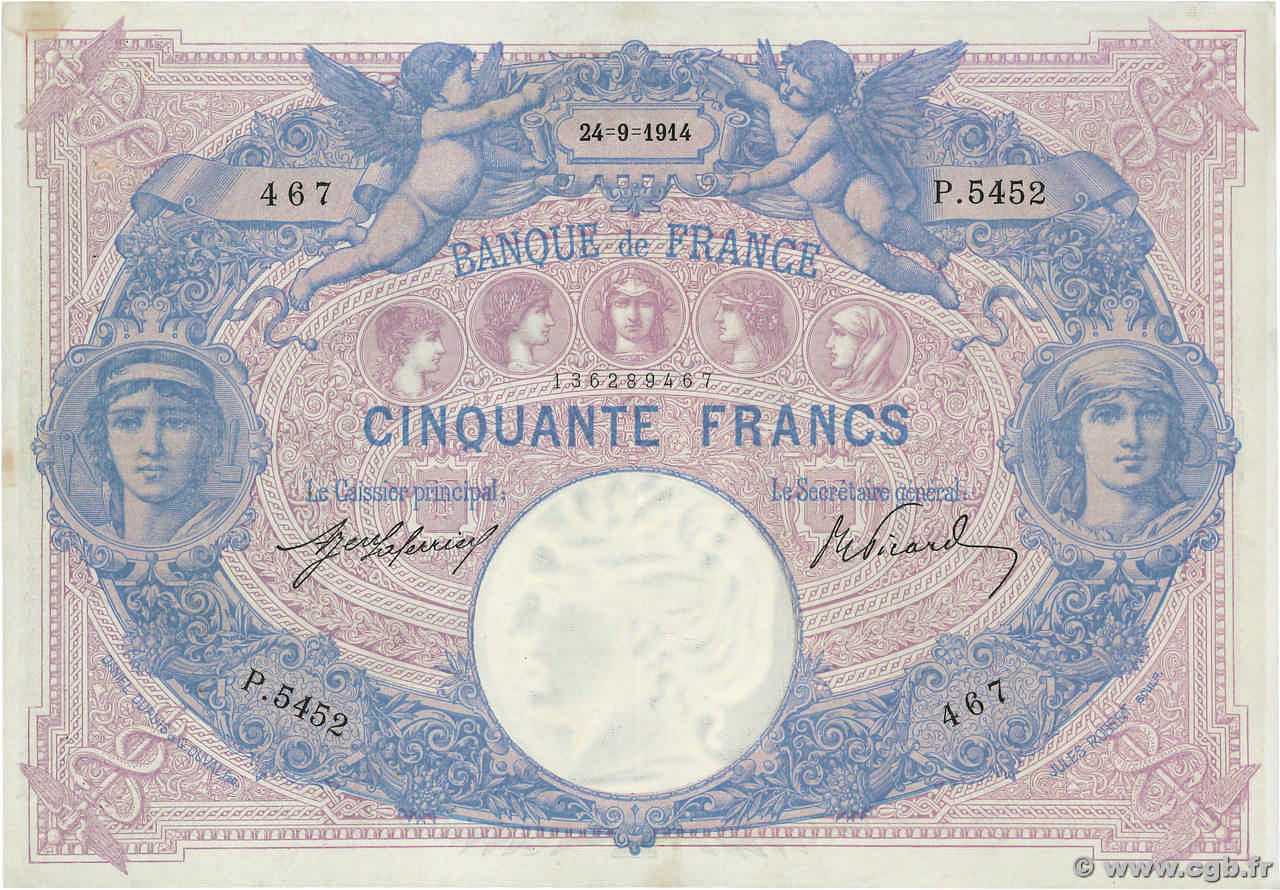 50 Francs BLEU ET ROSE FRANCE  1914 F.14.27 XF-