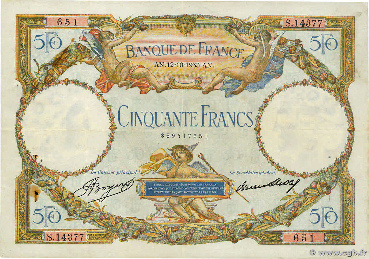 50 Francs LUC OLIVIER MERSON type modifié FRANKREICH  1933 F.16.04 fSS