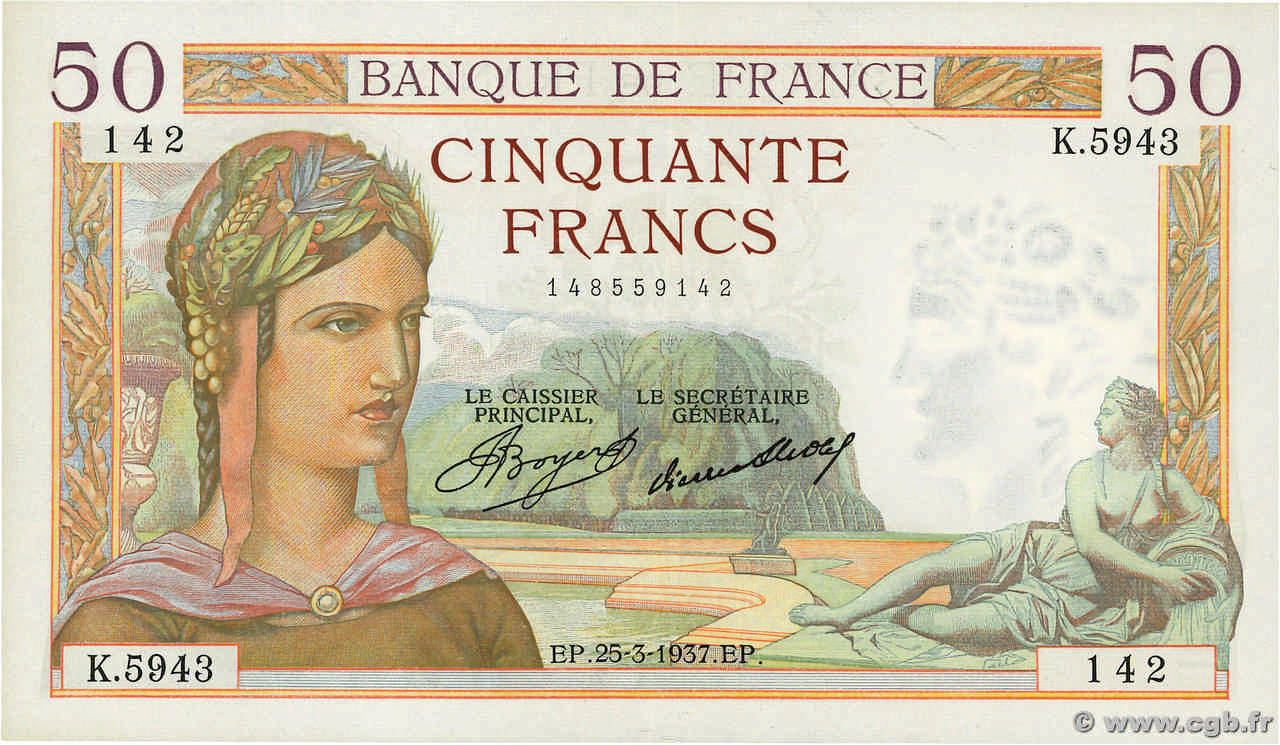50 Francs CÉRÈS FRANCE  1937 F.17.36 AU