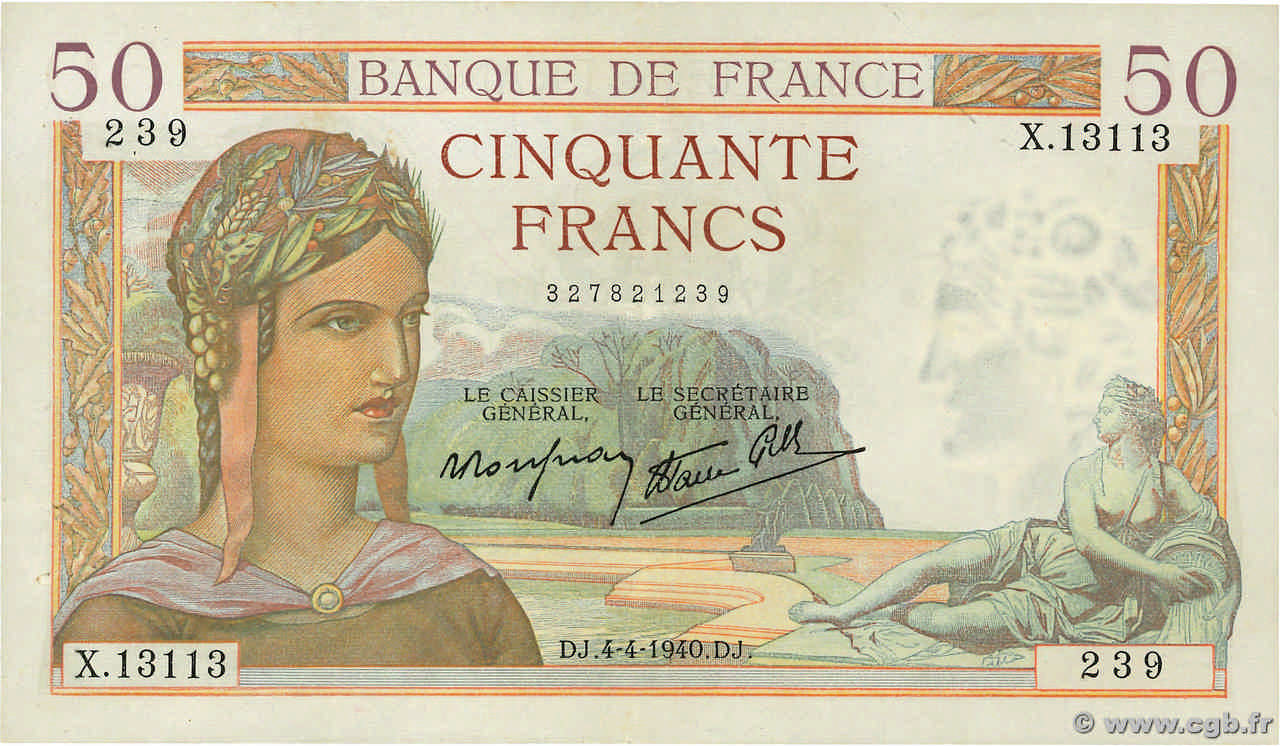 50 Francs CÉRÈS modifié FRANKREICH  1940 F.18.42 fVZ