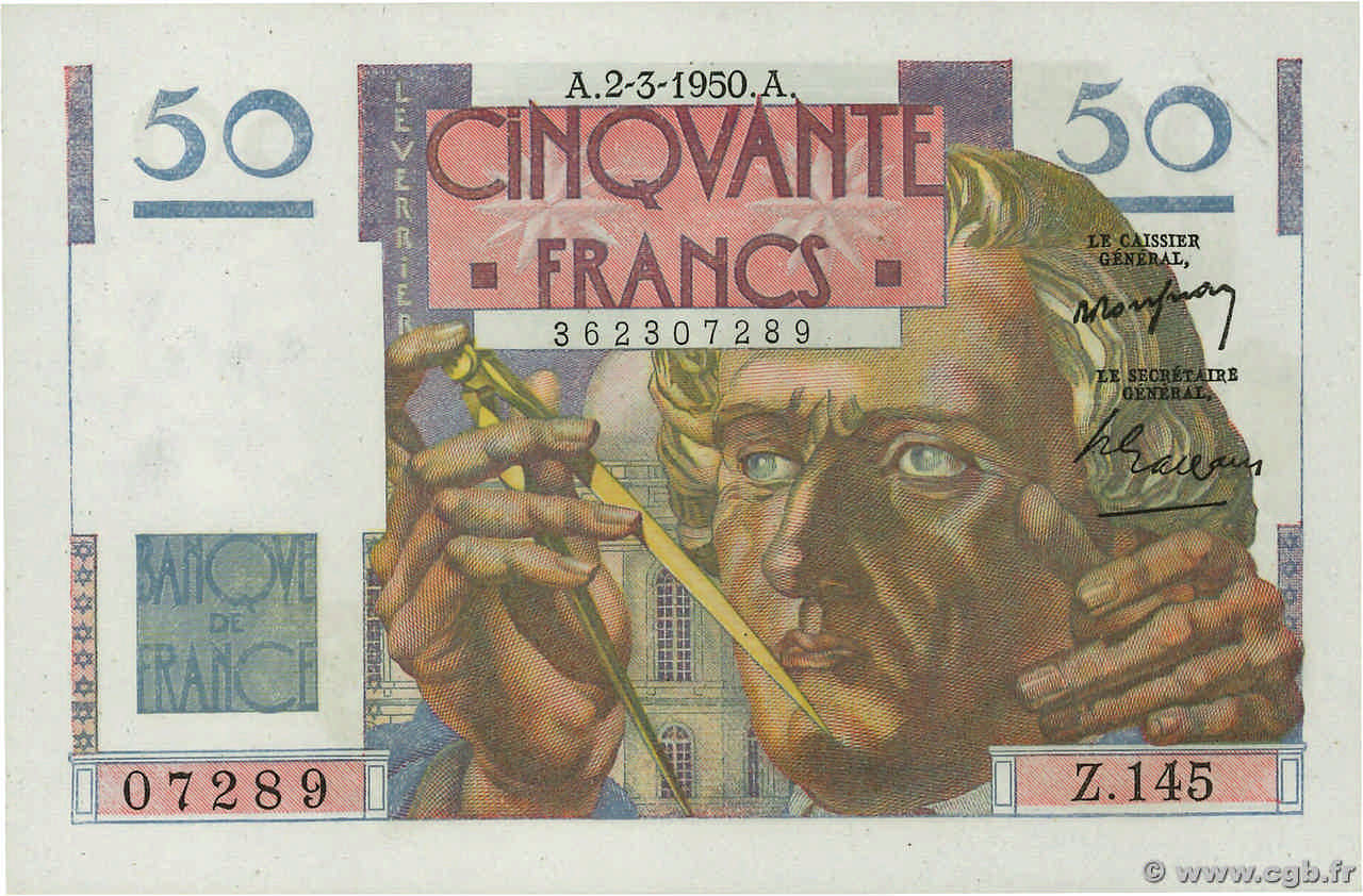 50 Francs LE VERRIER FRANCIA  1950 F.20.14 SC+
