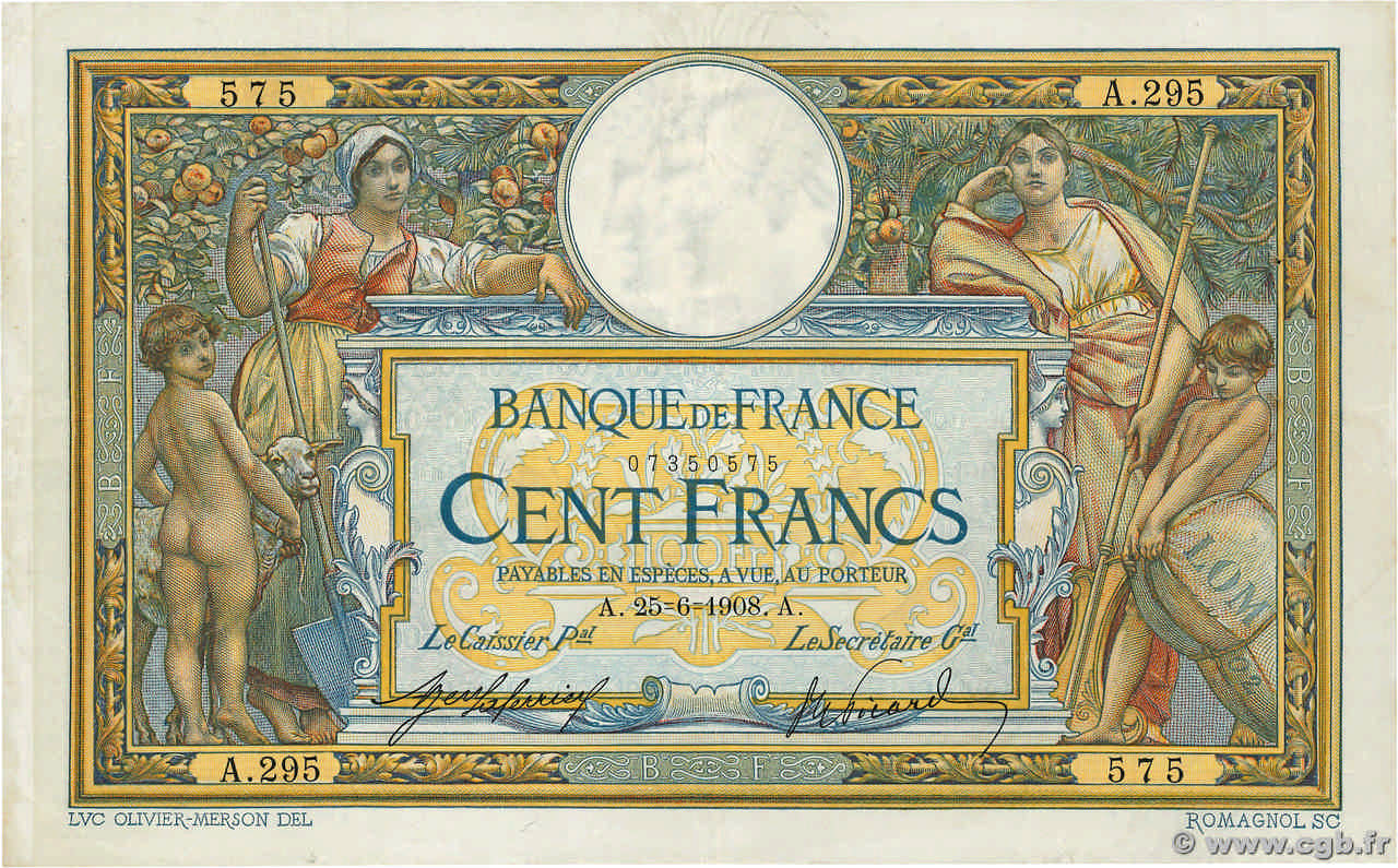 100 Francs LUC OLIVIER MERSON avec LOM FRANCE  1908 F.22.01 VF