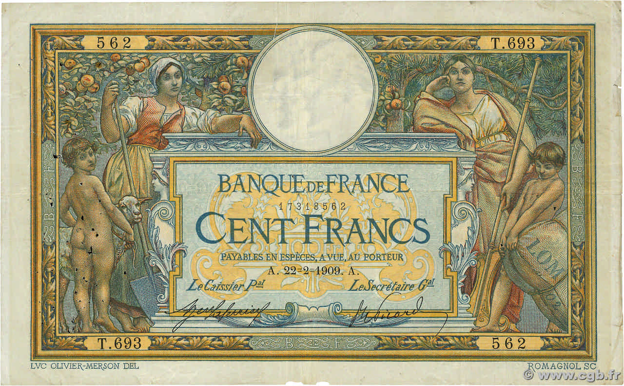 100 Francs LUC OLIVIER MERSON avec LOM FRANCIA  1909 F.22.02 q.MB