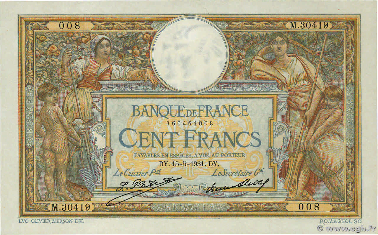 100 Francs LUC OLIVIER MERSON grands cartouches FRANKREICH  1931 F.24.10 fST
