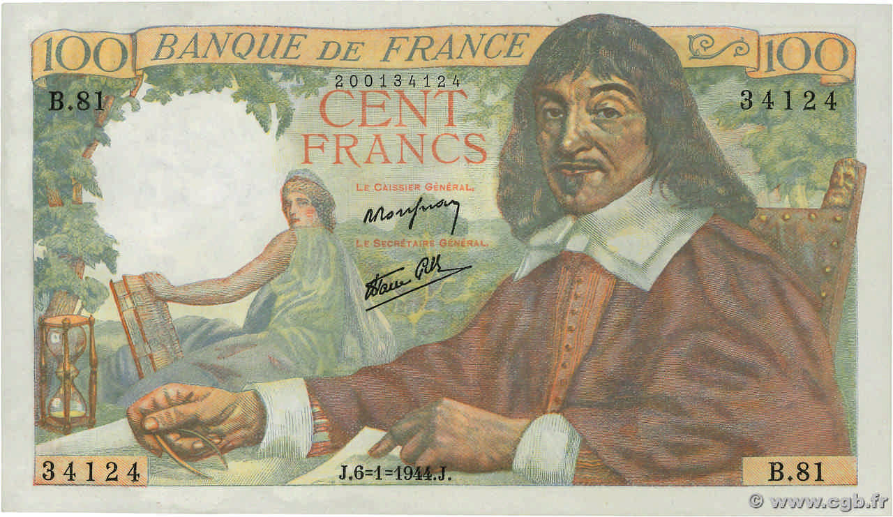 100 Francs DESCARTES FRANCE  1944 F.27.04 AU+