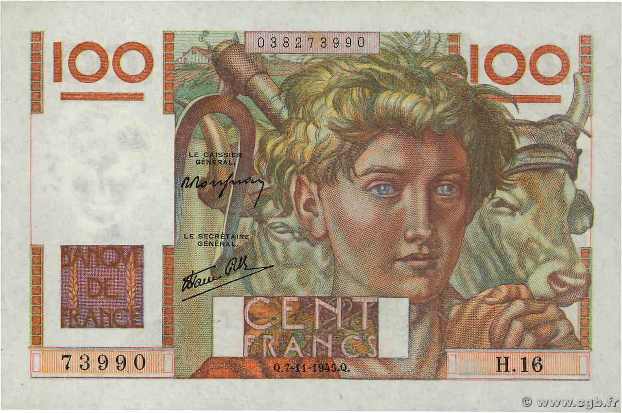 100 Francs JEUNE PAYSAN FRANCE  1945 F.28.01a pr.NEUF