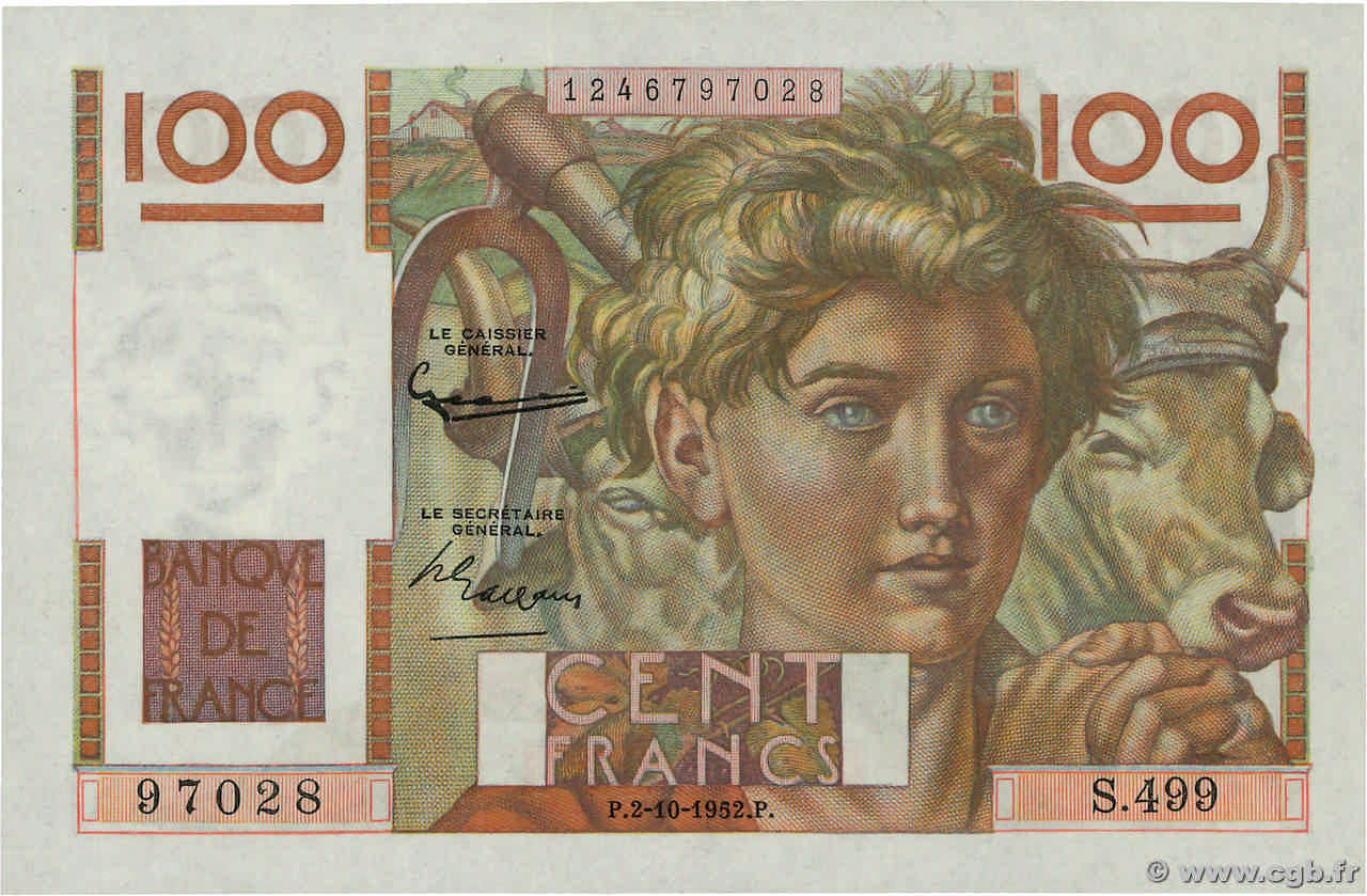 100 Francs JEUNE PAYSAN filigrane inversé FRANKREICH  1952 F.28bis.01 fST