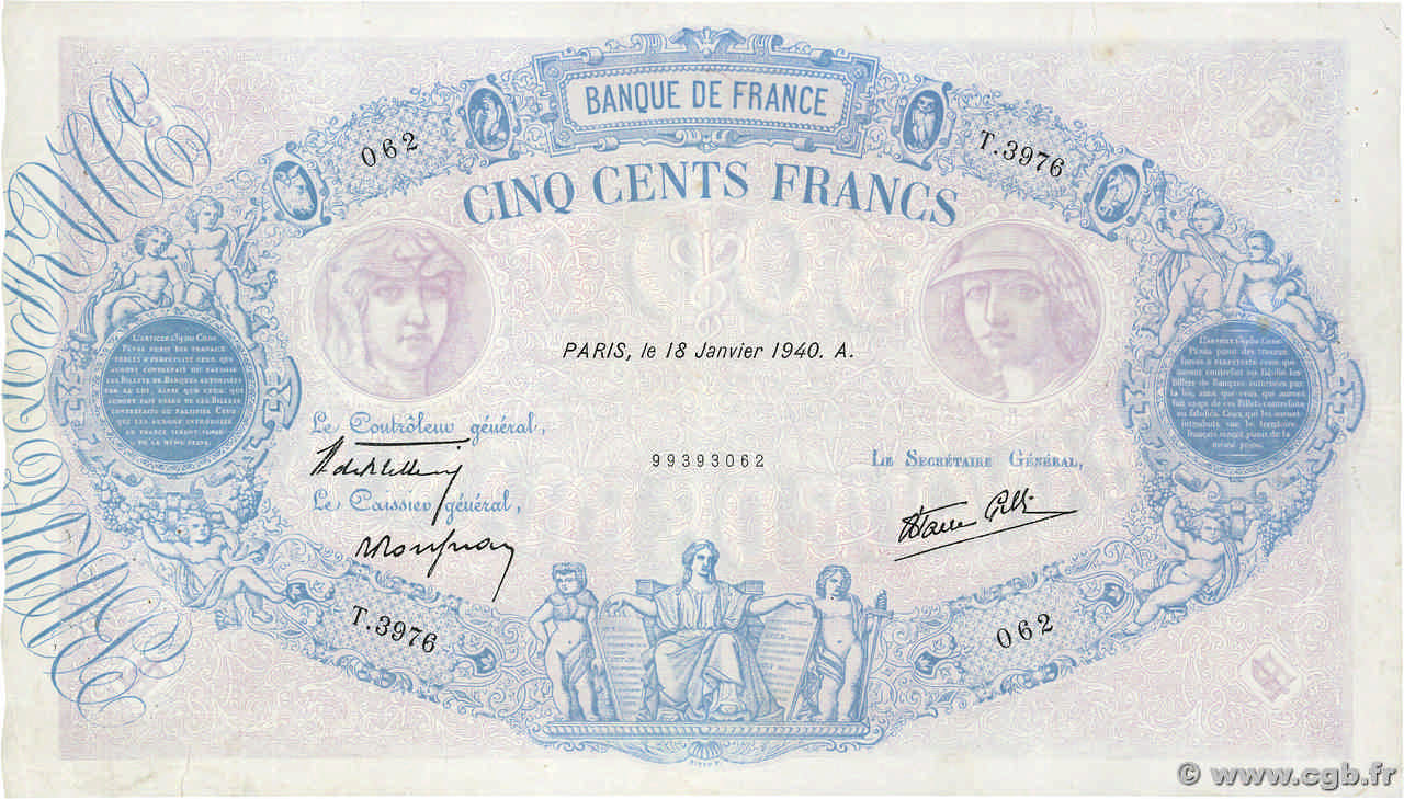 500 Francs BLEU ET ROSE modifié FRANCE  1940 F.31.57 VF-