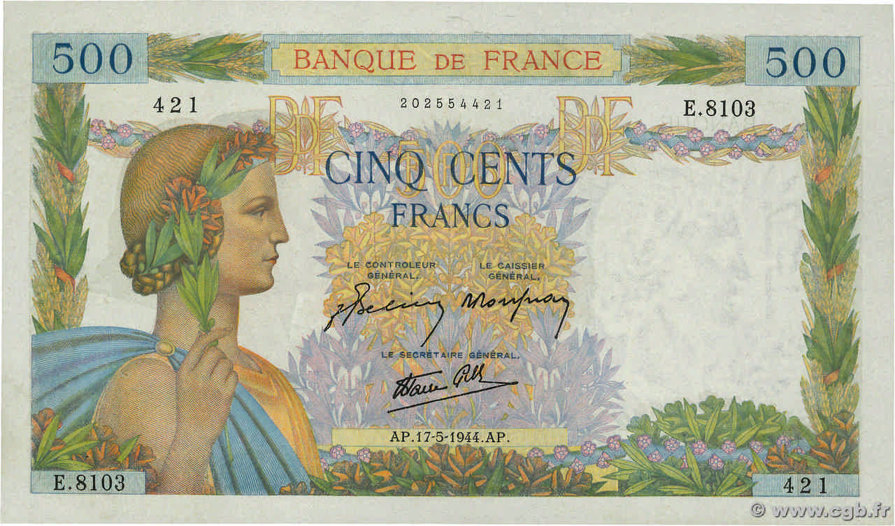 500 Francs LA PAIX FRANKREICH  1944 F.32.47 fVZ