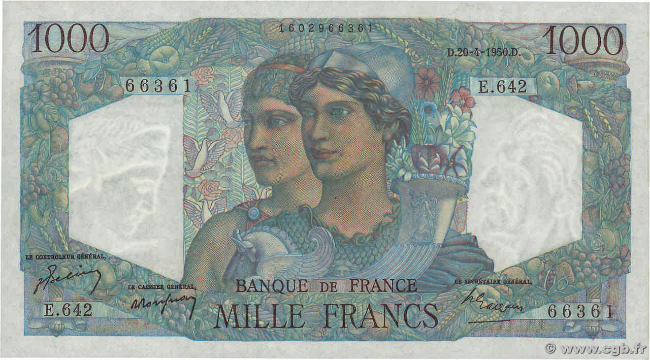 1000 Francs MINERVE ET HERCULE FRANKREICH  1950 F.41.32 ST