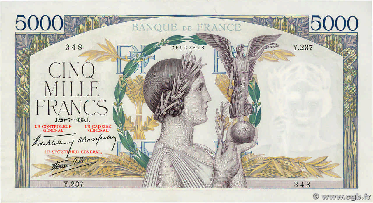 5000 Francs VICTOIRE Impression à plat FRANCIA  1939 F.46.08 q.AU