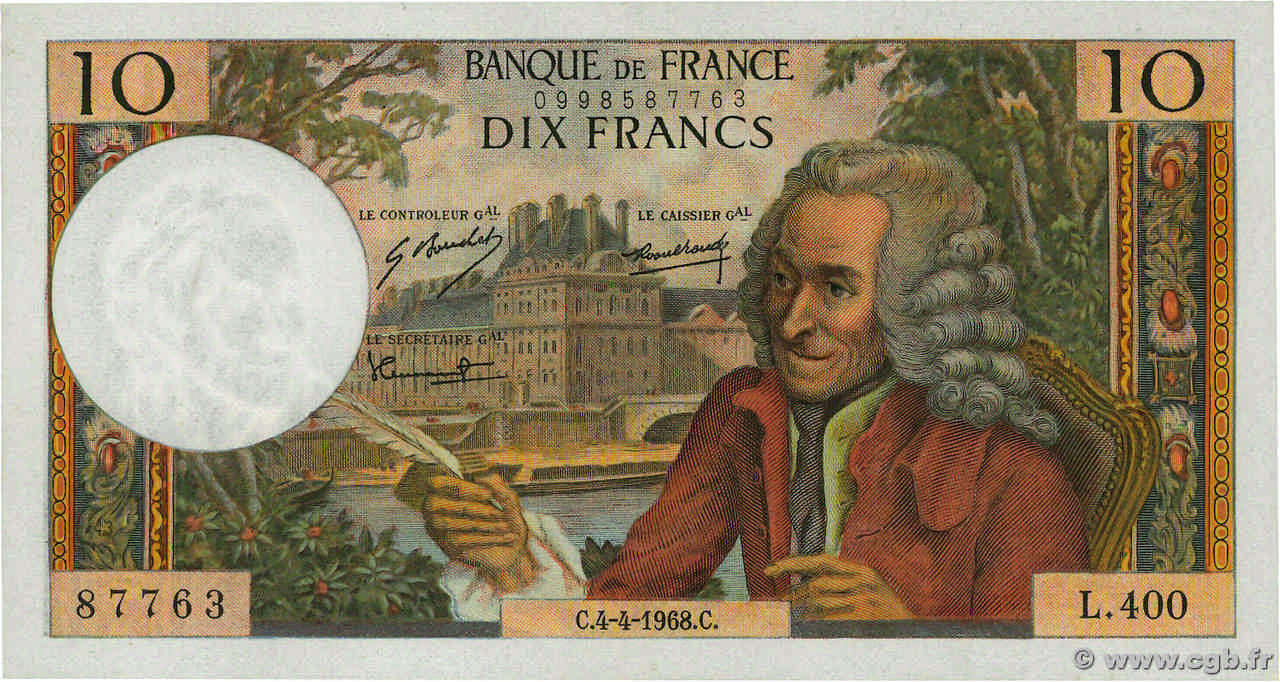 10 Francs VOLTAIRE FRANCIA  1968 F.62.32 SC