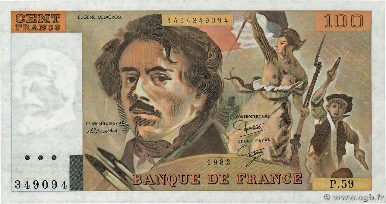 100 Francs DELACROIX modifié FRANCE  1982 F.69.06 AU+