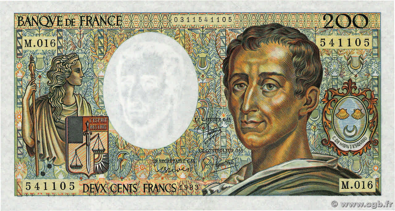 200 Francs MONTESQUIEU FRANCE  1983 F.70.03 AU